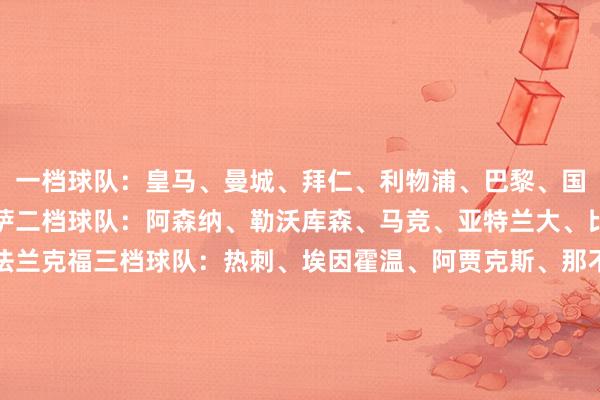 一档球队：皇马、曼城、拜仁、利物浦、巴黎、国米、切尔西、多特