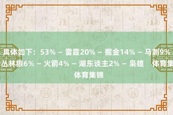 具体如下：53% — 雷霆20% — 掘金14% — 马刺9