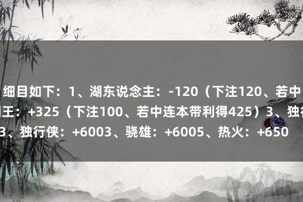 细目如下：1、湖东说念主：-120（下注120、若中连本带利得220）2、国王：+325（下注100、若中连本带利得425）3、独行侠：+6003、骁雄：+6005、热火：+650    澳门买球网体育信息